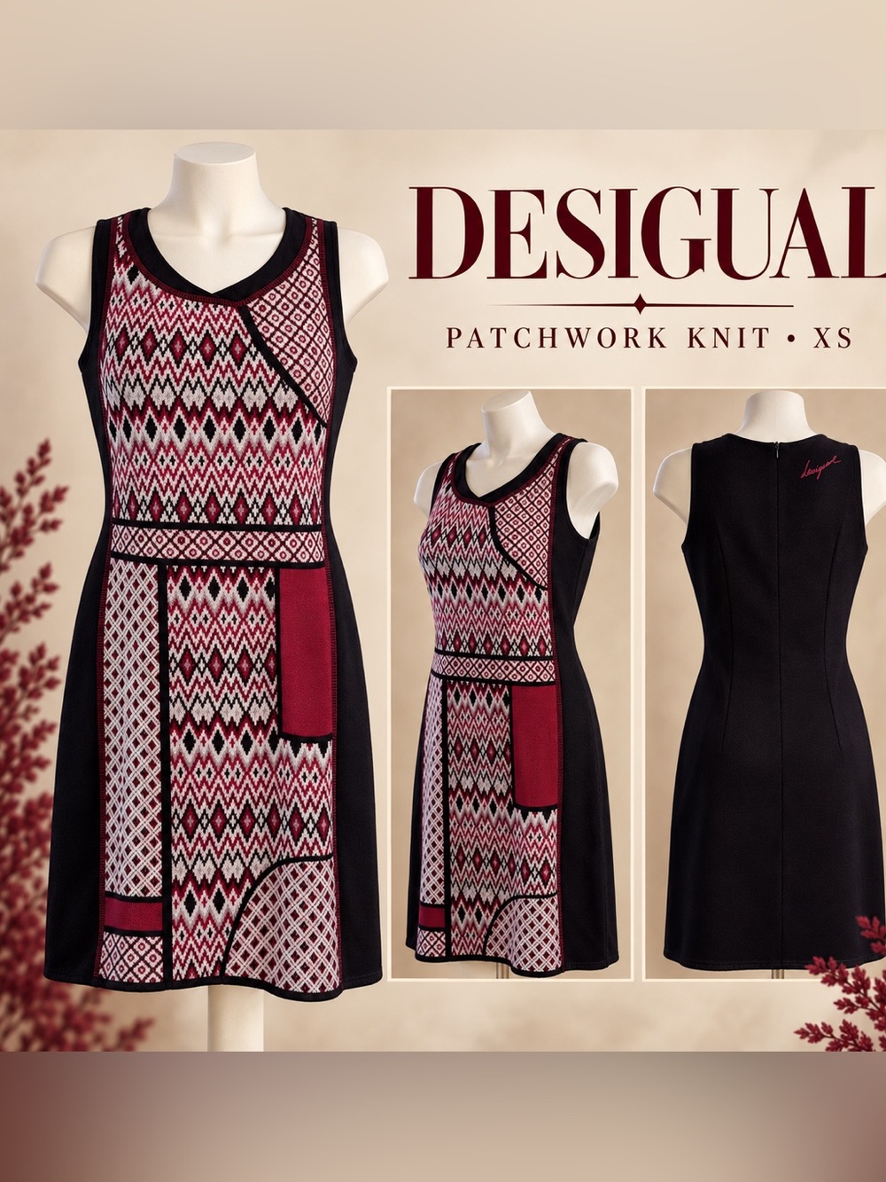 Desigual Patchwork Knit Sleeveless Dress - Black & Burgundy